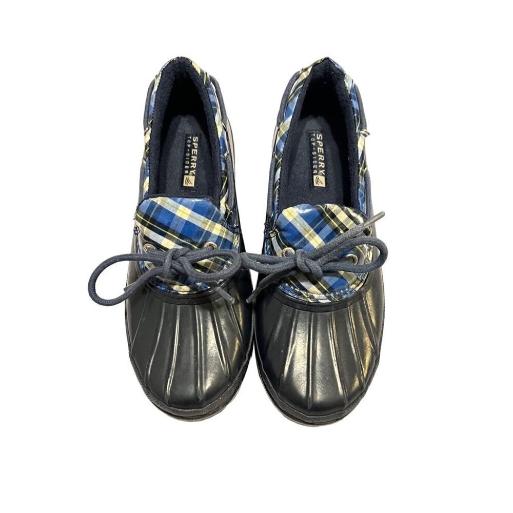 𝅺SPERRY Women's Heron Duck Shoe Top Sider Lace Up Size 7 Navy/Blue Plaid